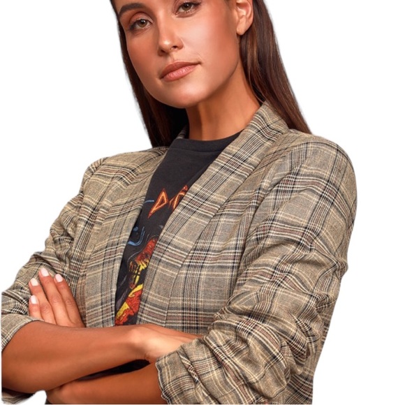 Lulus Coffee Dates Light Brown Plaid Ruched Sleeve Blazer - XS - Picture 4 of 15